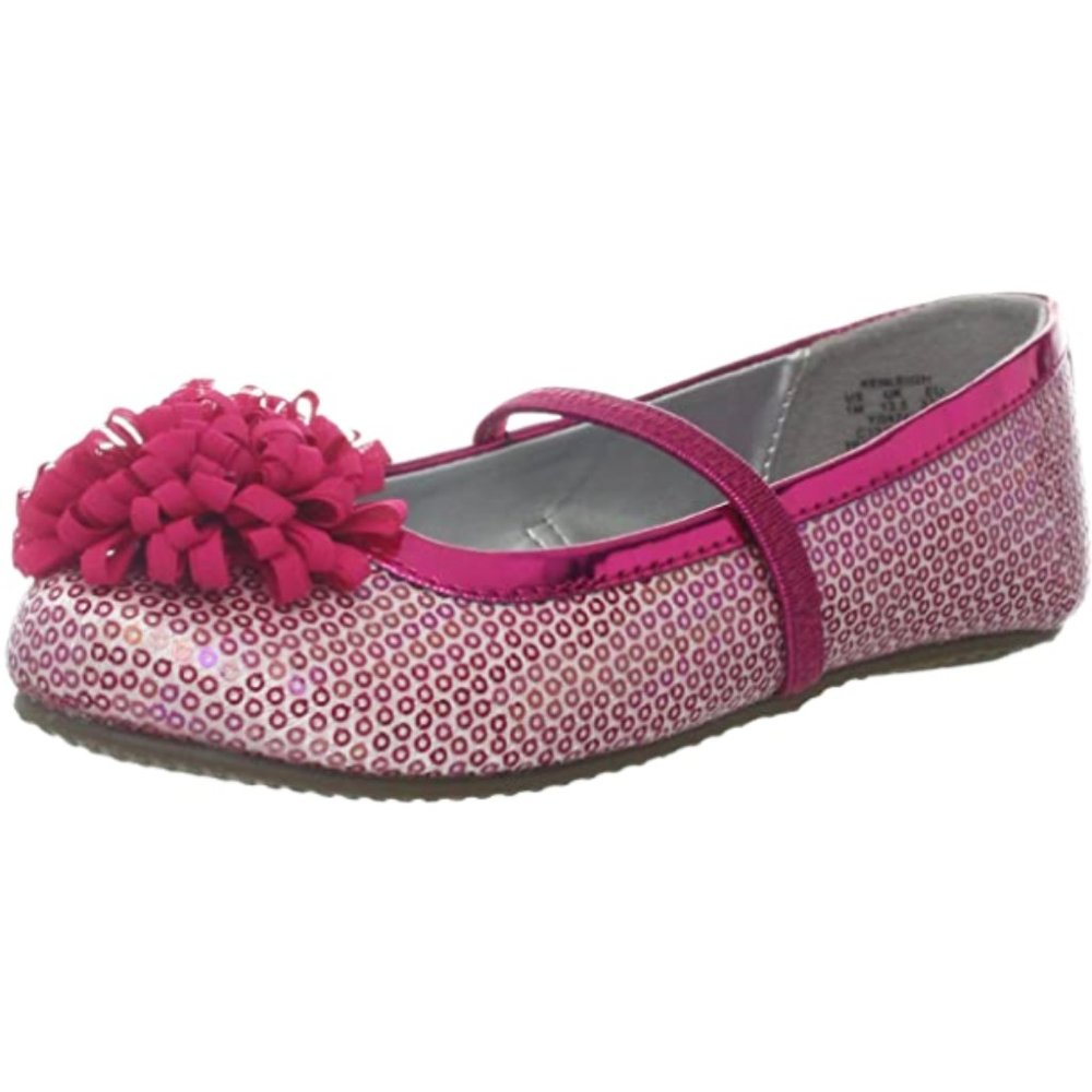 NEW Stride Rite Kid Kenleigh Sequin Floral Puff Pom Magenta Cream Dress Shoes